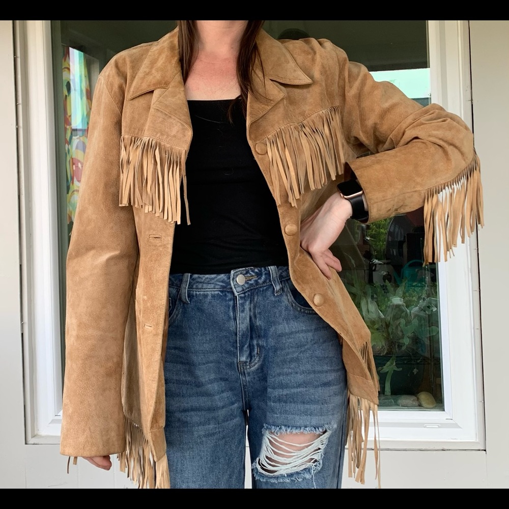 Tan Leather Fringe Jacket XL
